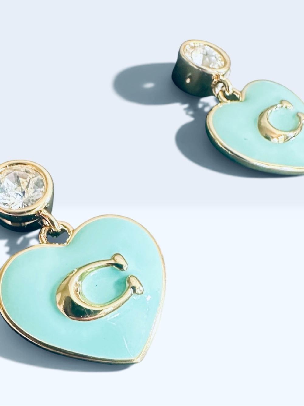 NWT Coach Heart Drop Earrings Light Green Enamel Gold C Logo on Earring Card - Picture 7 of 9